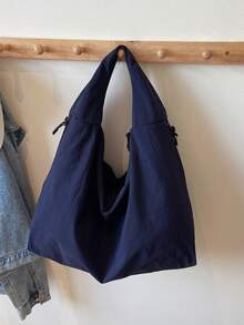 2025新款海军蓝尼龙布包大容量纯色单肩包日韩休闲风大学生手提包百搭简约轻便可折叠侧边双拉链口袋时尚实用通勤旅行手提包 - 藏蓝色 - 查看 7