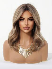 16-Inch Brown Ombre 8-Shaped Bangs Medium Curly Synthetic Heat-Resistant Fiber Wig, Suitable For Women's Daily Wear, Parties, Mother's Day, Music Festivals And Other Occasions - Brown Ombre - View 3