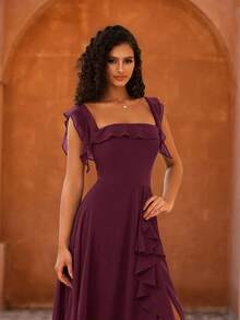 MOEVIO 女士优雅露肩荷叶袖A字高开衩伴娘婚礼宾客正式晚礼服，适合舞会、毕业典礼、返校节、节日、秋季等场合