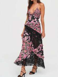 Summer Boho Maxi Dresses For Women Casual Y2k Floral Print Sleeveless Lace Patchwork Backless Ruffles Long Dress Spaghtti Strap Sling Dress Beach Vacation Sundress Streetwear Flowy Swing Dress - màu đen - Xem 4