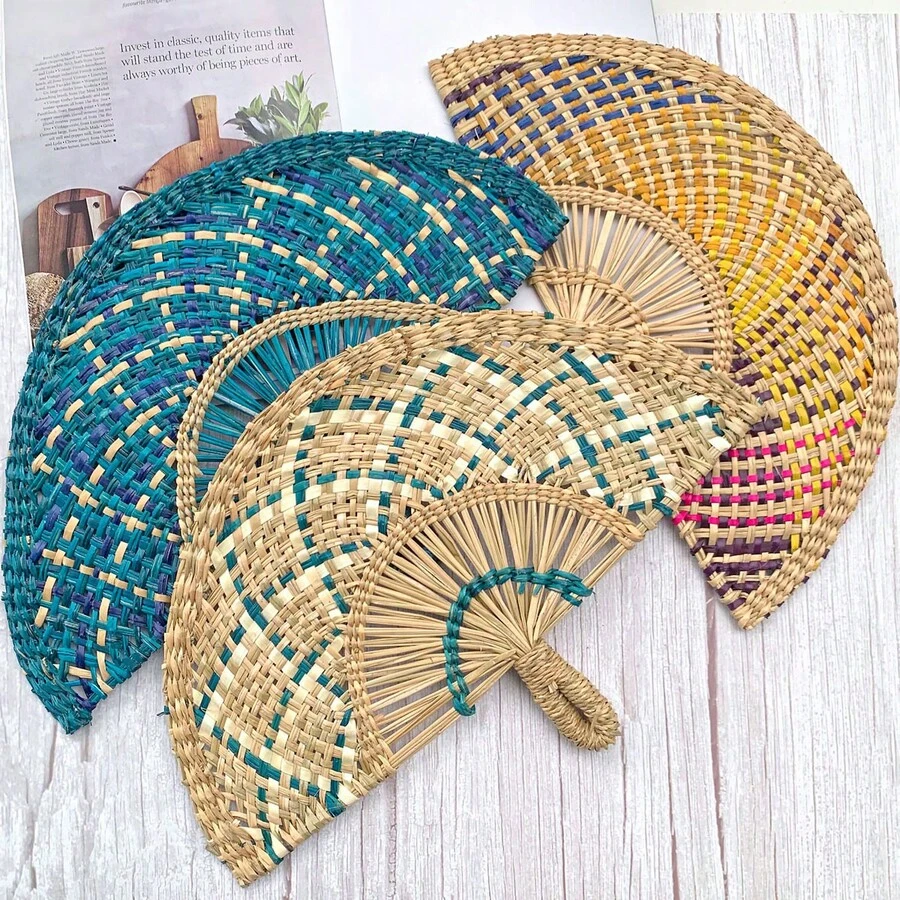 1 件手工编织海藻扇，非洲风格手持扇，壁挂装饰扇，便携式夏季扇，适合日常使用和摄影 - 彩色 - 查看 1