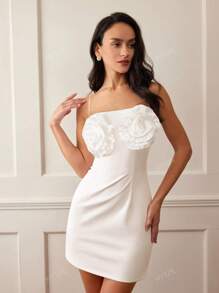Women's 3D Flower Decoration Spaghetti Strap Short Dress, Spring/Summer