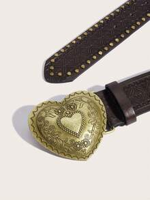 1pc Vintage Buckle Print Pattern PU Leather Belt, Unisex Fashion Versatile Accessory Suitable For Everyday Wear - Coffee - View 3
