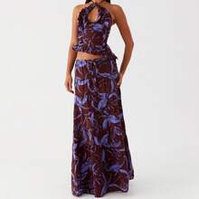 Women's Summer Casual 2 Piece Skirt Outfits Halter Neck Ruffle Trim Tops Long Flowy Skirt Set - Coffee Brown - View 1