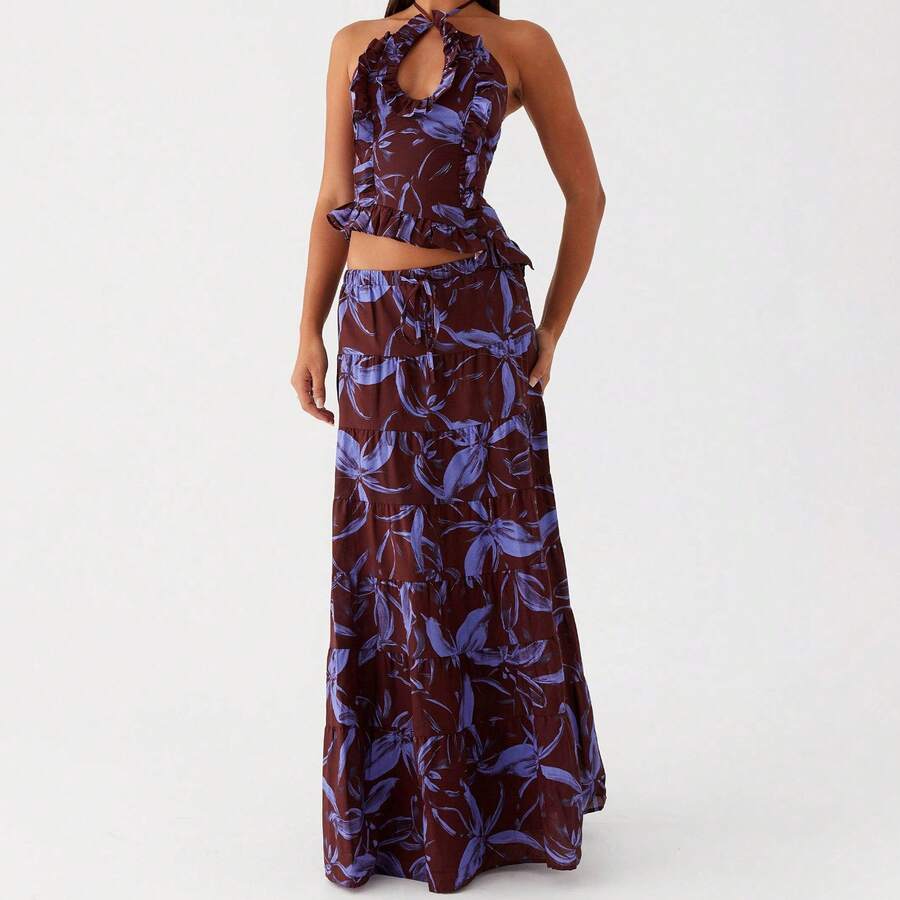 Women's Summer Casual 2 Piece Skirt Outfits Halter Neck Ruffle Trim Tops Long Flowy Skirt Set - Coffee Brown - View 1