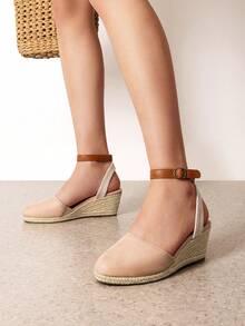 Women's Closed Toe Ankle Strap Espadrilles Outing Vacation Matching Dress Comfortable Wedge Sandals - Màu be - Xem 2