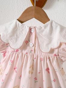 1 件女童蝴蝶刺绣印花翻领短袖连衣裙，优雅宽松飘逸幼儿度假礼服 - 粉色 - 查看 4