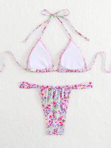 紫色花卉印花性感露背吊带优雅波西米亚风沙滩比基尼，适合海滩、派对、休闲、夜间外出、健身、夏季