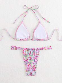 Lila Blumenprint sexy rückenfreier Neckholder eleganter Boho Strand Bikini, geeignet für Strand, Party, Lässig, Nachtausgehen, Fitness, Sommer