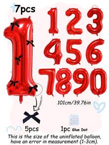 7 件/套 40 英寸红色数字气球，黑色蝴蝶结数字 0-9 形状气球，适用于生日派对、周年纪念装饰