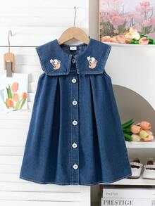 Girls Casual Stylish Denim Dress With Rabbit Embroidery, Suitable For Girls Daily Casual Outfit, Summer - Blue - View 1