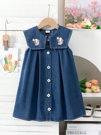 Girls Casual Stylish Denim Dress With Rabbit Embroidery, Suitable For Girls Daily Casual Outfit, Summer