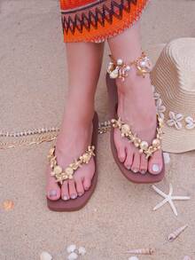 Summer Holiday Casual Starfish Studded Embellishment Flip Flops - Brown - View 6