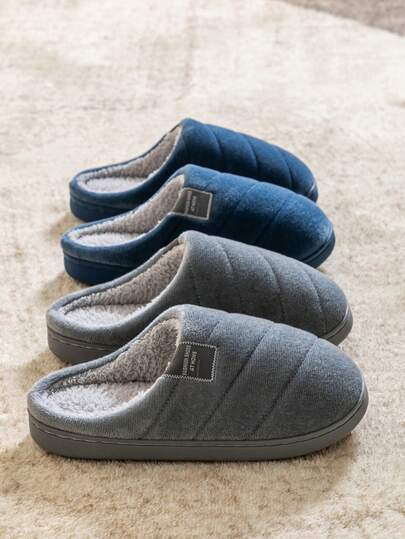 Men's Warm Fleece Slippers With Logo Design, Indoor Anti-Slip TPR Thick Sole Comfortable Plush House Slippers, Autumn/Winter