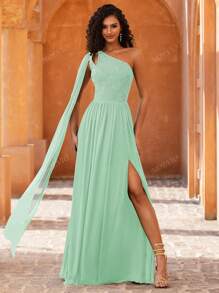MOEVIO Vestido formal largo y elegante de gasa con corte asimétrico en el cuello, abertura lateral de encaje y volante extra largo, ideal para bodas, primavera y verano, graduación, fiestas y eventos