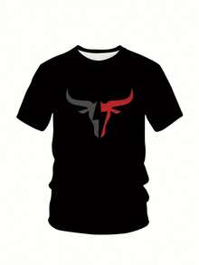 加大码男式黑色圆领短袖 T 恤，带灰色红牛头图案印花，休闲弹力透气 T 恤，适合所有季节