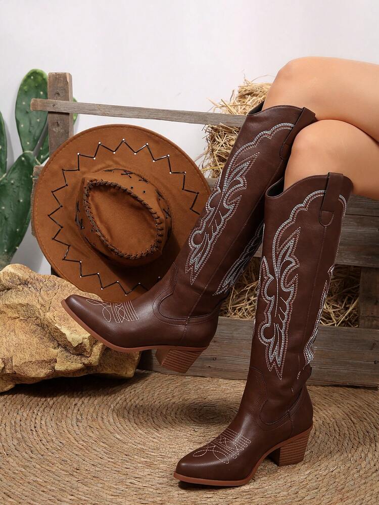 FVPFVP Caro Twessi 2025春秋新款复古刺绣沙漠高筒女牛仔靴，西部风格，牛仔靴 - 咖啡棕 - 查看 2