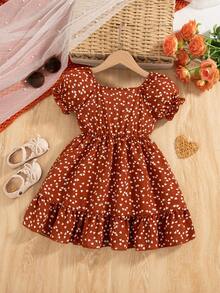 少女情人节爱心印花方领泡泡袖鱼尾连衣裙 - 鏽棕色 - 查看 1