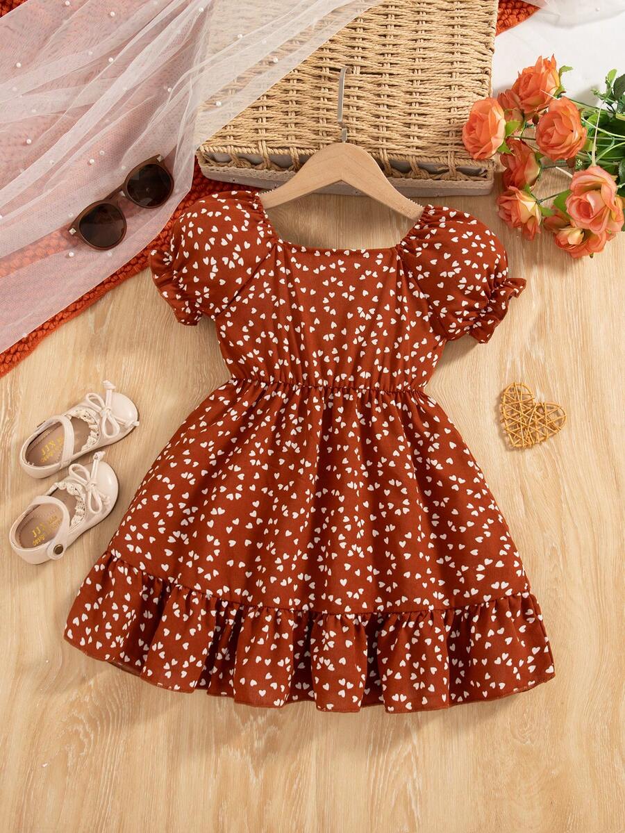 少女情人节爱心印花方领泡泡袖鱼尾连衣裙 - 鏽棕色 - 查看 1