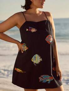 Women Y2K Boho Mini Cami Dress Spaghetti Strap Fish Printed Flowy Sling Dress Graphic Backless A Line Summer Holiday Sundress - 黑色 - 查看 4