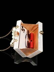 Acrylic Clutch Wallet, Marble Pattern Handbag, Women's Crossbody Bag With Pearl Chain, Formal Wedding/Gala