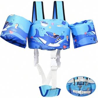 Chaleco de natación para niños de 2 a 7 años, de 10 a 30 kg, con almohadilla de flotabilidad extraíble, cinturón y correa para los hombros, diseño ajustable con alas, con tema oceánico de tiburón y estrella de mar, seguro para uso en piscina y playa