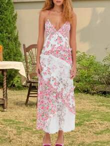 Summer Boho Maxi Dresses For Women Casual Y2k Floral Print Sleeveless Lace Patchwork Backless Ruffles Long Dress Spaghtti Strap Sling Dress Beach Vacation Sundress Streetwear Flowy Swing Dress - 粉色 - 查看 1