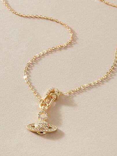 1pc Vivian Full Diamond Saturn Brooch Pendant Necklace, High Fashion All-Match Gorgeous Neck Chain