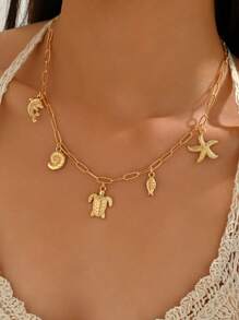 1 Pc Stylish Sea-Themed Pendant Necklace With Seashell, Starfish, Turtle, Dolphin And Fish Charms, Minimalist And Versatile, Suitable For Women, Beach And Casual Wear