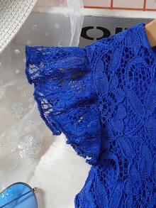 coviviky 3-10 Years Old Girls' Elegant Solid Color Lace Round Neck Cap Sleeve Zipper Sweet Cute Dress With Belt, Suitable For Daily Casual, Birthday Party, Gift For Kids - Navy Blue - View 4