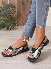 女士时尚平底梅花靛蓝墨水一脚蹬凉鞋