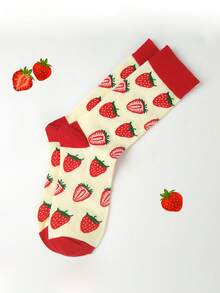 Calcetines de mujer de media pantorrilla con diseño de fresa - Diseño de fruta - Multicolor - Ver 3