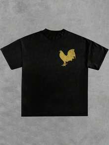 Playera de verano para hombre, estampado de gallo, cuello redondo, manga corta, 100 % algodón, 220 g, algodón grueso, cómoda