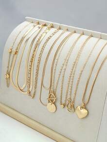 10pcs Boho Style Multi-Layer Flat Snake Chain Necklace Set, Fashionable Heart Pendant Necklaces, Women's Multi-Layer Stackable Necklaces, Charming Daily Wear & Party Accessories, Hip Hop Street Fashion (No Box) - Gold - View 11