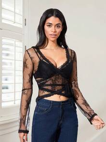 Omen's Y2K Long Sleeve Sheer Mesh Top Deep V Neck Embroidery Floral Lace Top See Through Going Out Crop Tops - Black - View 4
