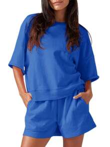 Womens 2 Piece Outfits Oversized Cropped Sweatshirt And High Waist Running Shorts Casual Tracksuit Sets - 藍色 - 查看 7