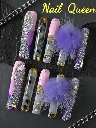 10片手工按压式假指甲 Y2K系列 欧美风格 小众设计 超长芭蕾风格美甲套装 葡萄紫色 立体毛球 全覆盖设计 可拆卸重复使用 持久耐用 派对婚礼必备时尚配饰 女生礼物首选 指甲宝石 指甲油 指甲用品 指甲锉 独特的美甲 指甲上的风景