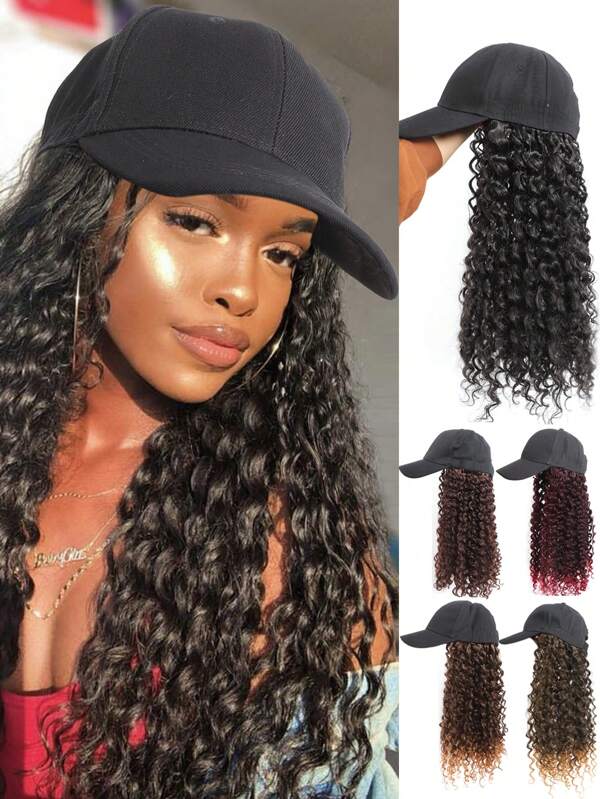 Peruca de chapéu para mulheres, peruca de boné de beisebol longa ondulada com extensões de cabelo sintético cacheado, peruca de boné de beisebol ajustável marrom e preta