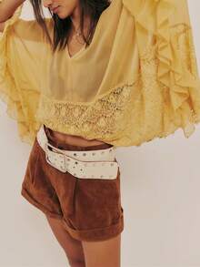 Womens Flowy Bow Front Tie Top Long Sleeve Peplum Lace Trim Chiffon Shirt Sheer V Neck Boho Ruffle Beach Peasant Blouse Tops - 黃色 - 查看 3