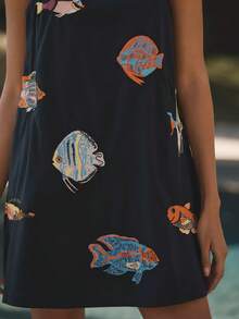 Women Y2K Boho Mini Cami Dress Spaghetti Strap Fish Printed Flowy Sling Dress Graphic Backless A Line Summer Holiday Sundress - 黑色 - 查看 3