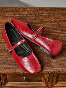 女士时尚方头一脚蹬平底鞋，舒适休闲百搭办公室女士户外鞋，高品质复古玛丽珍芭蕾舞鞋，适合春夏派对婚礼，红色