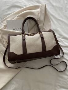 1pc Canvas Contrast Color Patchwork Fashion Duffle Bag,UnisexTravel Luggage,SuitableForOvernightS Tay, Commuting,Short-Distance Travel(Small Size Fo R Commuting,Large Size For Short-Trip) Back To School Supplies Bag For School School Accessories School Stuff - Coffee Brown - View 2