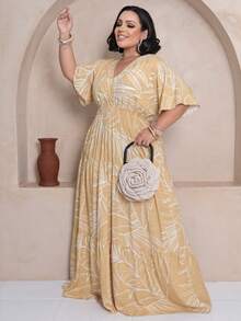 Plus Size Long Dress V Neck Short Sleeve - Nude Estam. - View 4