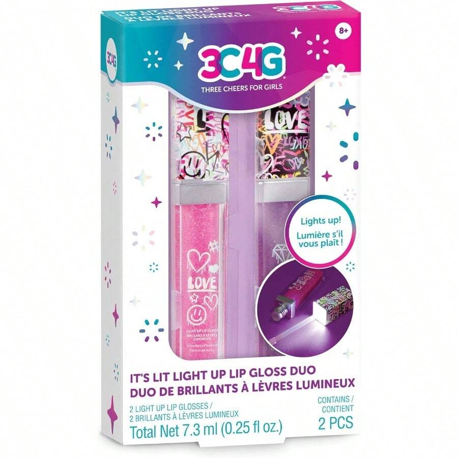 3C4G It's Lit! Light Up Lip Gloss Duo Brillo De Labios Con Purpurina Para Niños Con Tapa Superior Y Varita Paquete De 2 Brillos De Labios Para Niños Brillo De Labios Con Sabor A Fresa Para Niñas - Rosa,lavanda - View 1