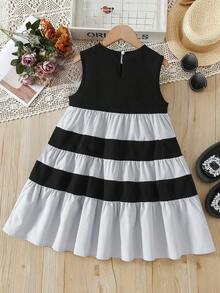 Tween Girls' Summer Contrast Color Patchwork Casual Dress - Black - View 2