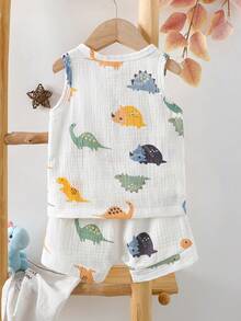 Bộ 2 món áo vest cổ tròn in họa tiết khủng long dễ thương cho bé trai sơ sinh mùa hè và quần short họa tiết khủng long toàn thân - trắng - Xem 2