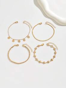 4pcs/Set Summer Gold Metal Disc Tassel Anklet, Handcrafted Ocean Style Shell Chain Beach Jewelry For Women, Suitable For Daily Wear, Beach Travel, And Dates