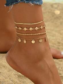 4pcs/Set Summer Gold Metal Disc Tassel Anklet, Handcrafted Ocean Style Shell Chain Beach Jewelry For Women, Suitable For Daily Wear, Beach Travel, And Dates