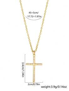 1pc Men Copper Inlaid Cubic Zirconia Cross Pendant Necklace, Versatile Daily Accessory - Yellow Gold - View 7
