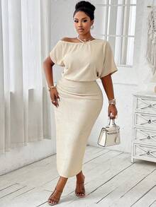 Đầm xòe màu trơn hở vai gợi cảm cỡ lớn cho nữ mùa xuân hè hàng ngày kèm váy - Màu be - Xem 3